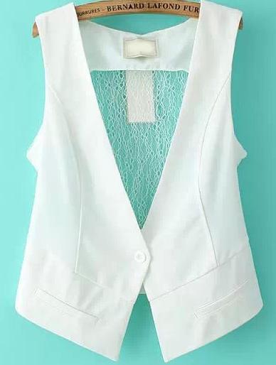 Romwe Sleeveless Contrast Lace Slim White Coat