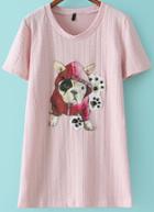 Romwe With Rivet Dog Pattern Pink T-shirt