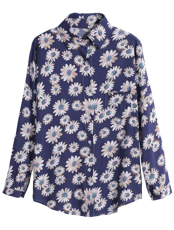 Romwe Daisy Print Lapel Loose Blouse