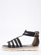 Romwe Faux Leather Caged Espadrille Sandals - Black