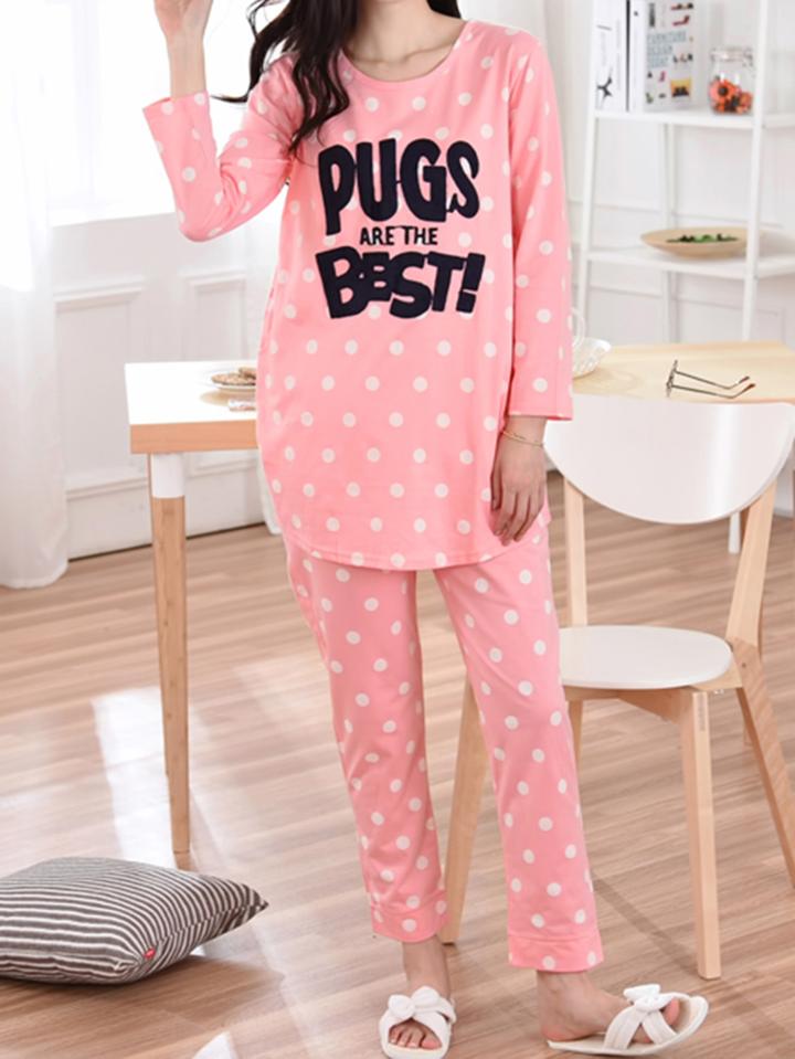 Romwe Slogan Print Spot Tee & Pants Pj Set