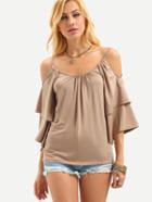 Romwe Cold Shoulder Layered Bell Sleeve Top - Apricot