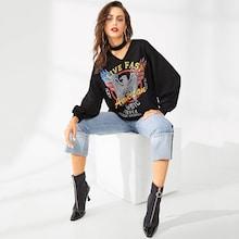 Romwe Mixed Print Choker Neck Bishop Sleeve Pullover