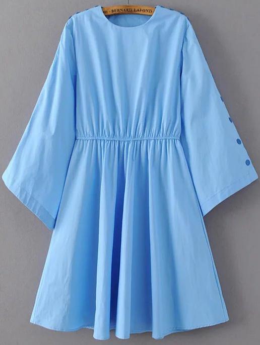Romwe Blue Button Sleeve Loose A Line Dress