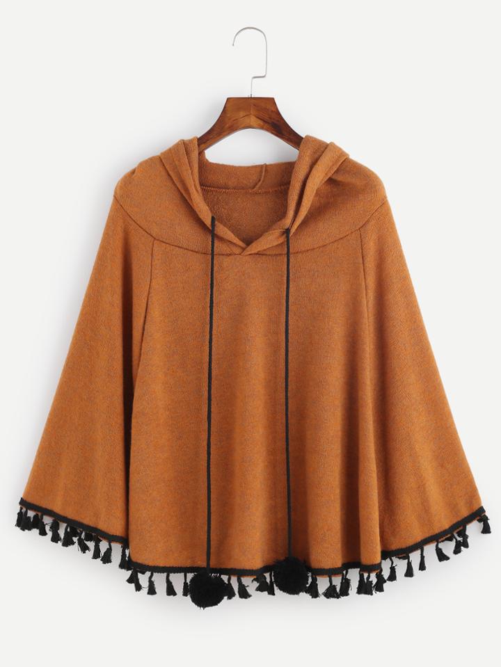 Romwe Khaki Fringe Hem Drawstring Hooded Pom Pom Poncho Coat