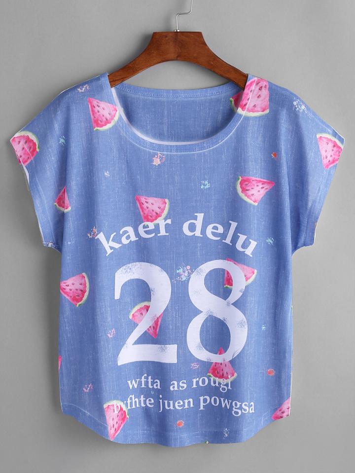 Romwe Watermelon And Letter Print Dolman Sleeve T-shirt