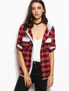 Romwe Plaid Color Block Hooded Roll Tab Sleeve Shirt