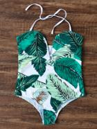 Romwe Green Leaf Print V Neck Halter One-piece Swimwear
