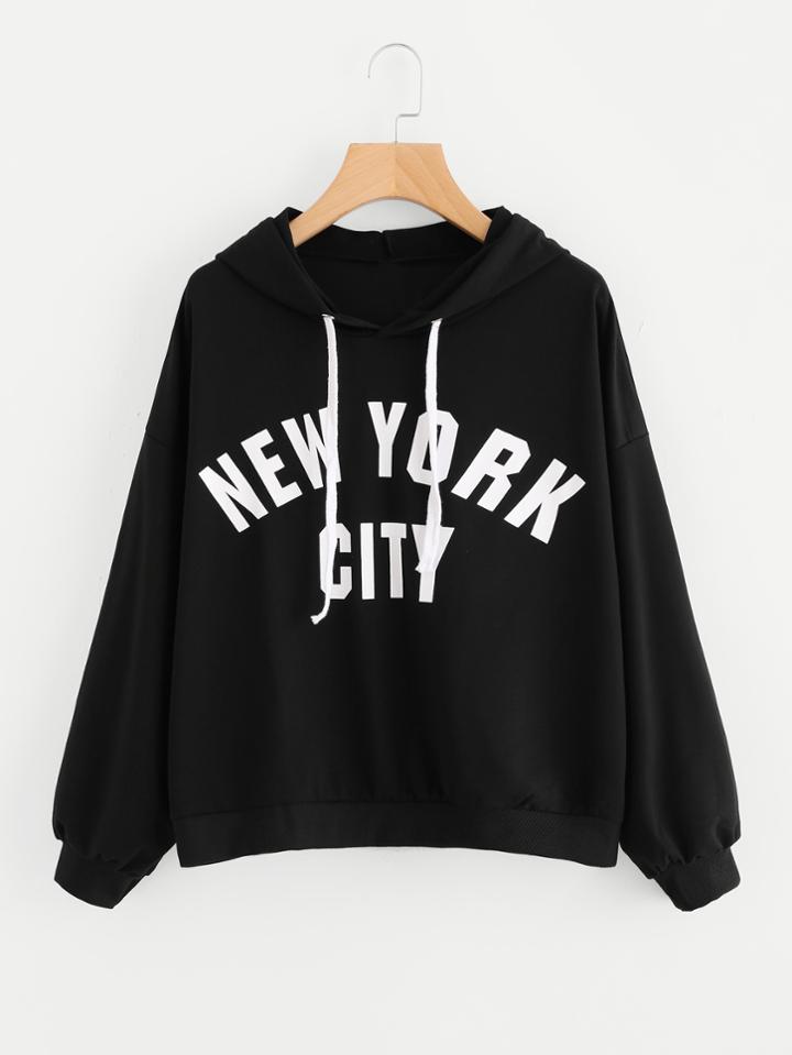Romwe Drop Shoulder Slogan Print Drawstring Hoodie
