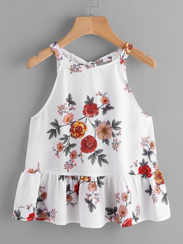 Romwe Keyhole Tie Back Ruffle Hem Halter Top