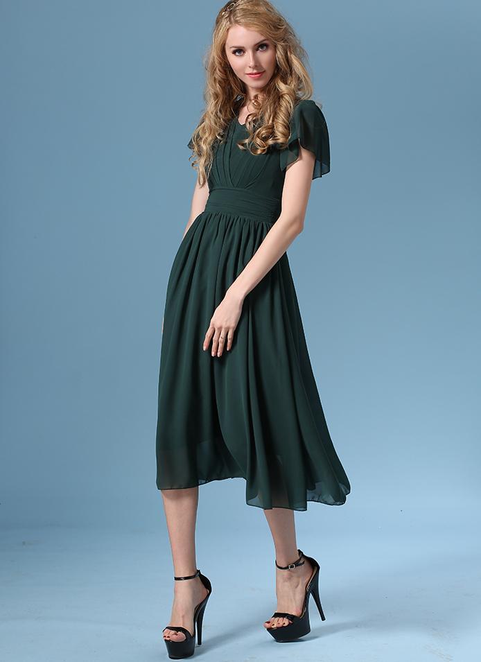 Romwe Ruffle Sleeve Pintucked Chiffon Green Dress