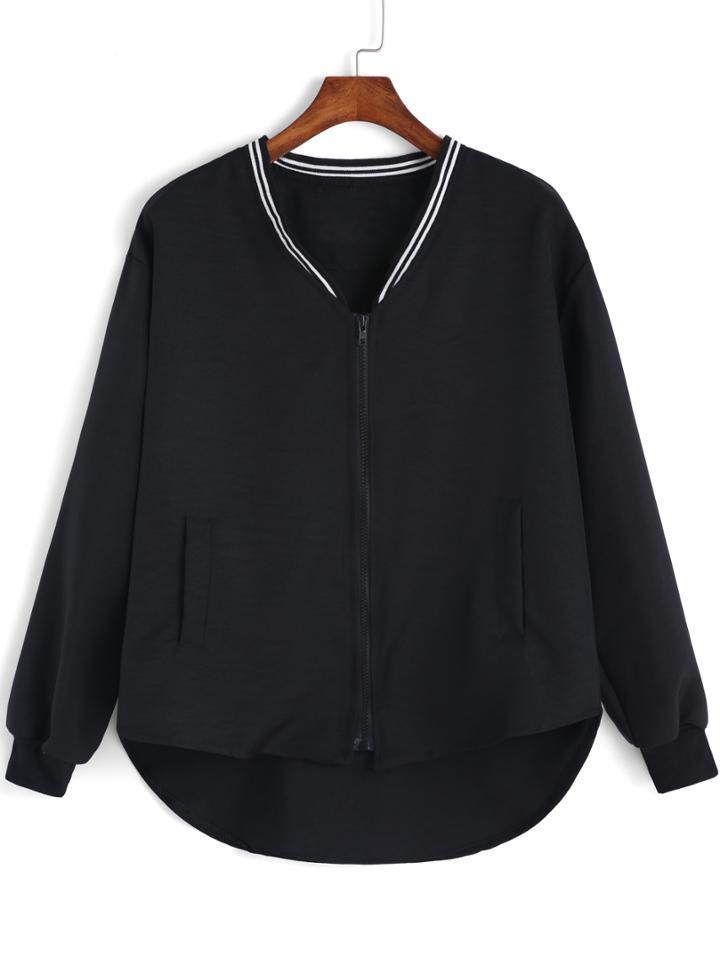Romwe Dip Hem Striped Trim Zipper Black Coat