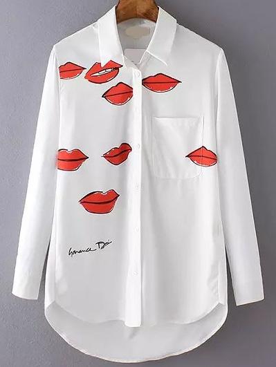Romwe White Lip Print High Low Blouse With Pocket