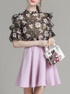 Romwe Purple Ruffle Sleeve Print A-line Dress