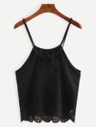 Romwe Lace Trimmed Keyhole Drawstring Neck Cami Top - Black