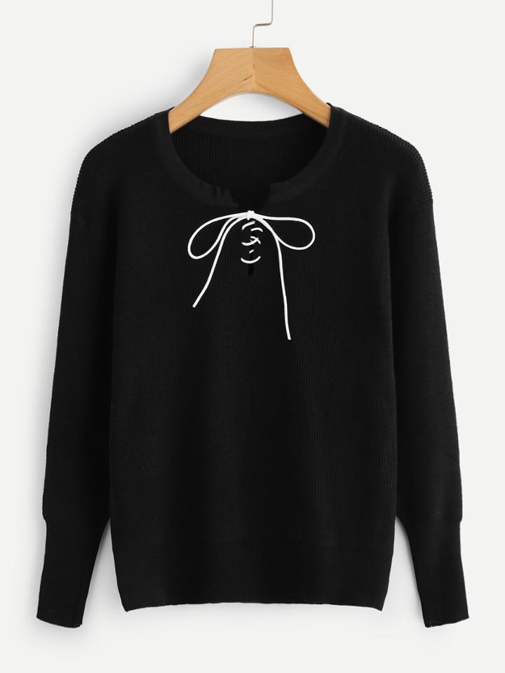 Romwe Lace Up Neck Ribbed Knit Sweater