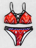 Romwe Geometric Print Lattice Bikini Set