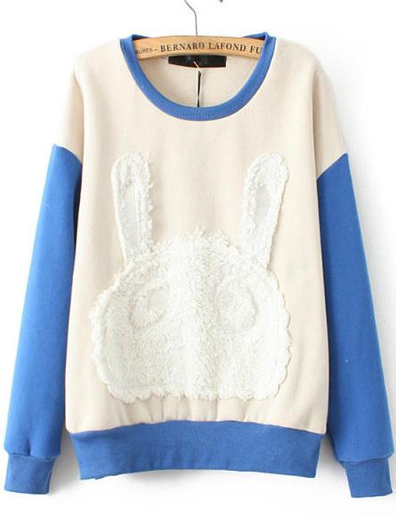 Romwe Rabbit Pattern Loose Apricot And Blue Sweatshirt