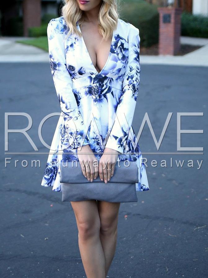 Romwe Deep V Neck Floral High Waist Dress