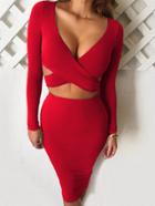 Romwe Deep Plunge Neck Cutout Sheath Red Dress