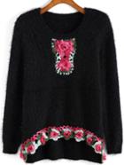 Romwe Crochet High Low Black Sweater