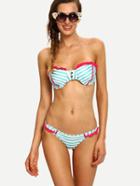 Romwe Contrast Ruffle Blue Striped Bandeau Bikini Set