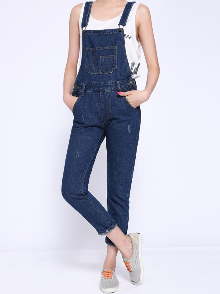 Romwe Strap With Pocket Scratch Denim Jumpsuit
