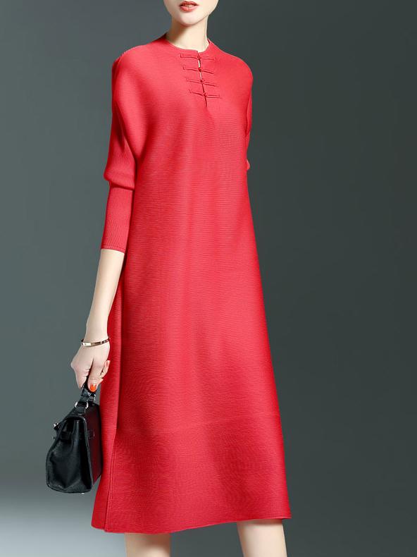 Romwe Red Crew Neck Pleated Elastic Shift Dress