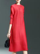 Romwe Red Crew Neck Pleated Elastic Shift Dress