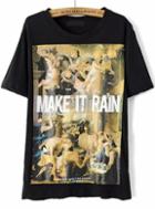 Romwe Black Short Sleeve Oil Painting Print T-shirt