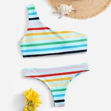 Romwe Striped One Shoulder Top With Cheeky Bikini