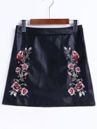 Romwe Black Flower Embroidery A Line Pu Skirt