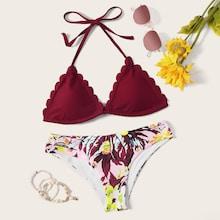Romwe Scallop Halter Top With Plants Print Bikini Set
