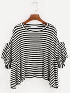 Romwe Black White Striped Open Shoulder Dolman Sleeve T-shirt