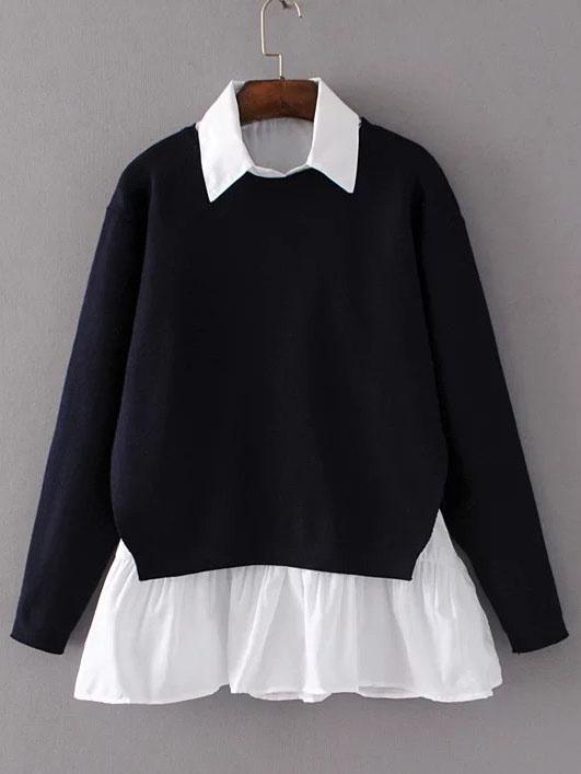 Romwe Black Contrast Ruffle Hem Split Back Sweater