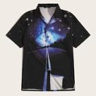 Romwe Guys Button Up Notched Galaxy Print Shirt