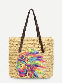 Romwe Patch Design Straw Tote Bag
