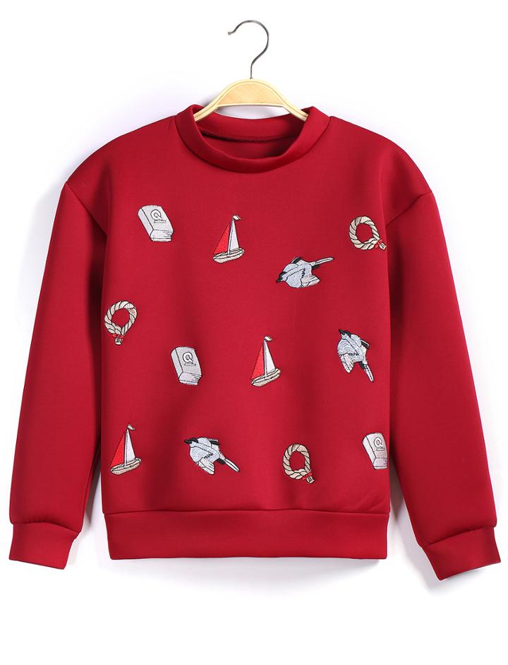 Romwe Embroidered Print Red Sweatshirt