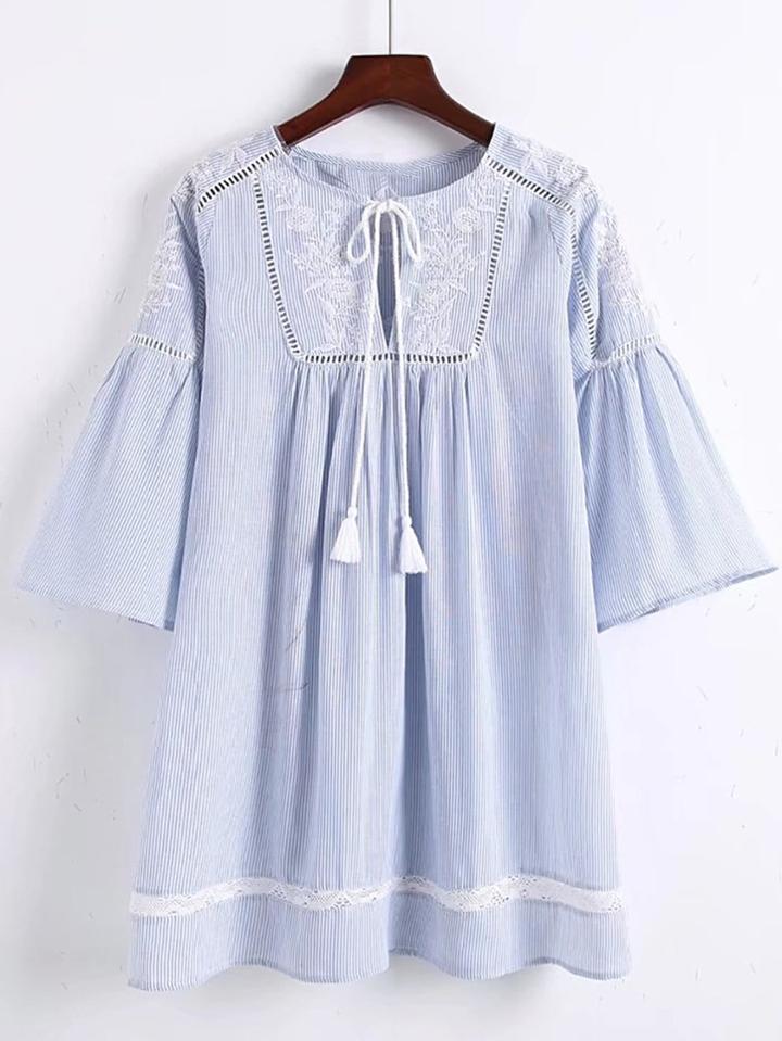 Romwe Bell Sleeve Crochet Insert Tassel Tie Dress