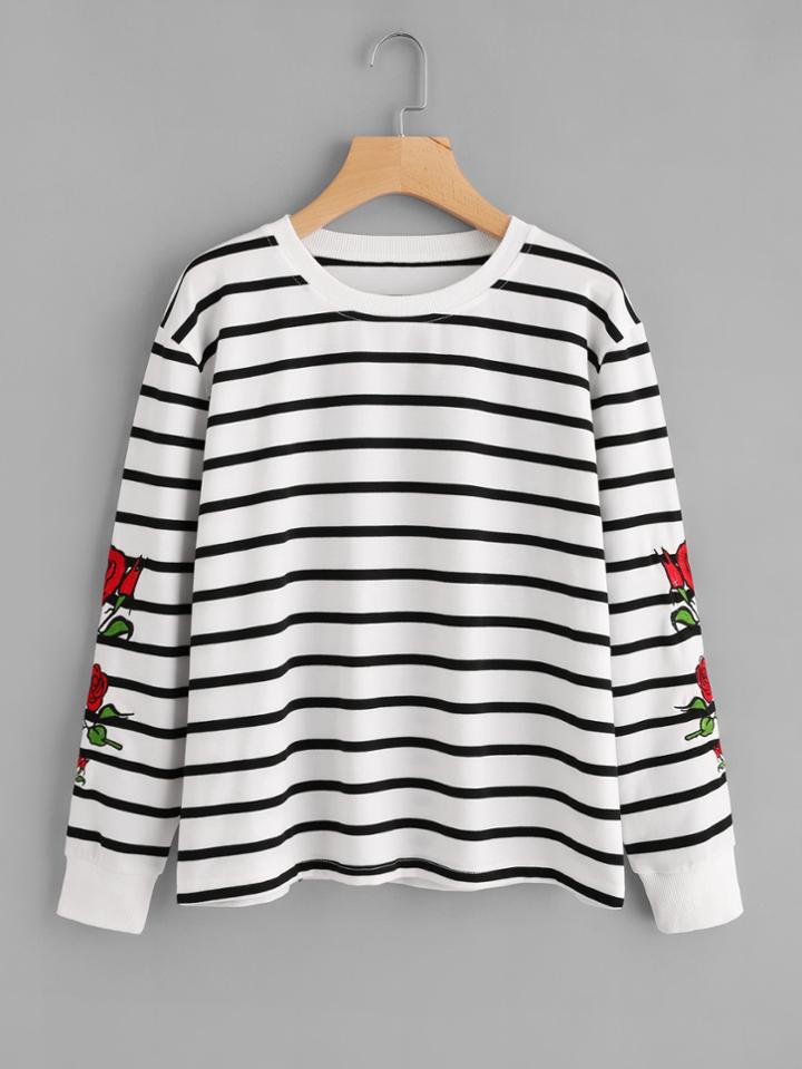 Romwe Rose Embroidered Striped Sweatshirt