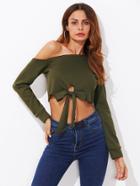 Romwe One Shoulder Bow Tie Front Crop Sweatshirt