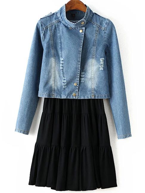 Romwe Modal Pleated Dress With Bleached Crop Denim Coat