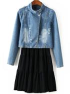 Romwe Modal Pleated Dress With Bleached Crop Denim Coat