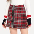 Romwe Zip Front Plaid Skirt