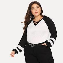 Romwe Plus Criss Cross Colorblock Tee