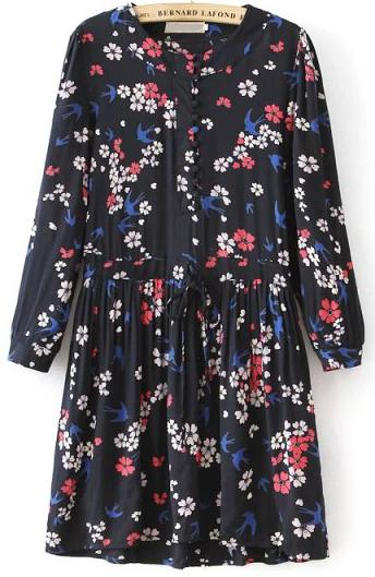 Romwe Black Long Sleeve Floral Swallow Print Dress