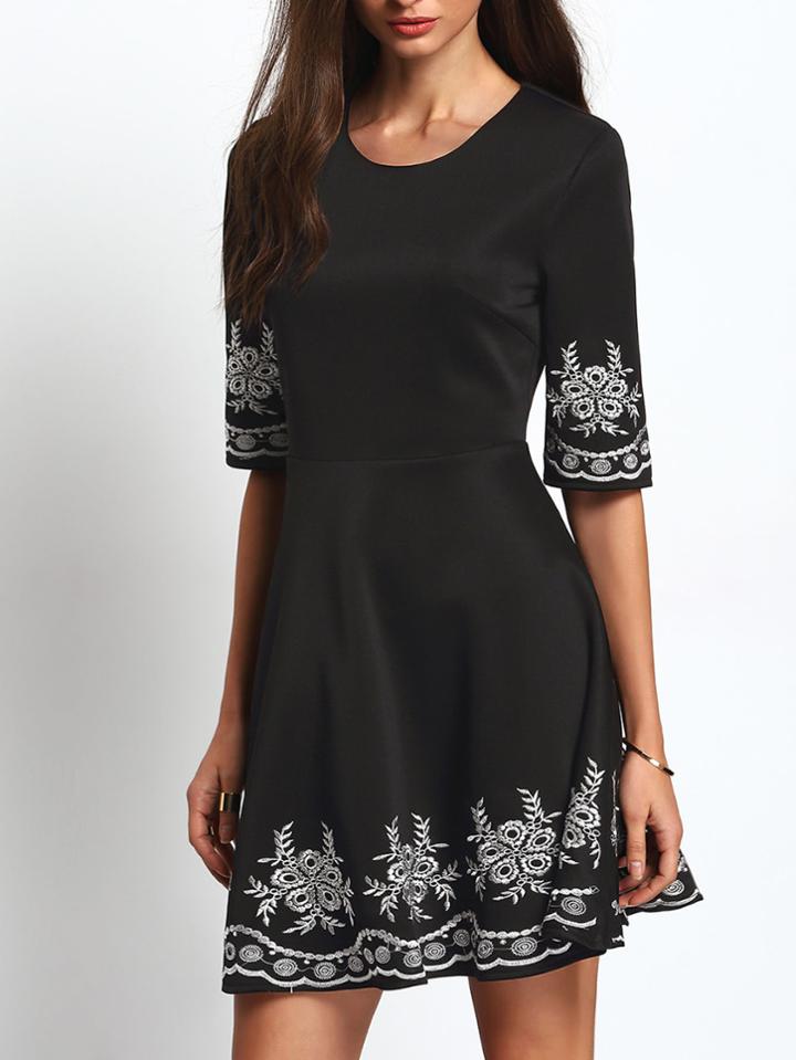 Romwe Elbow Sleeve Embroidered Flare Dress