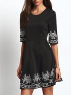 Romwe Elbow Sleeve Embroidered Flare Dress