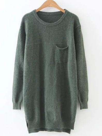 Romwe Army Green Slit Side High Low Jersey Sweater