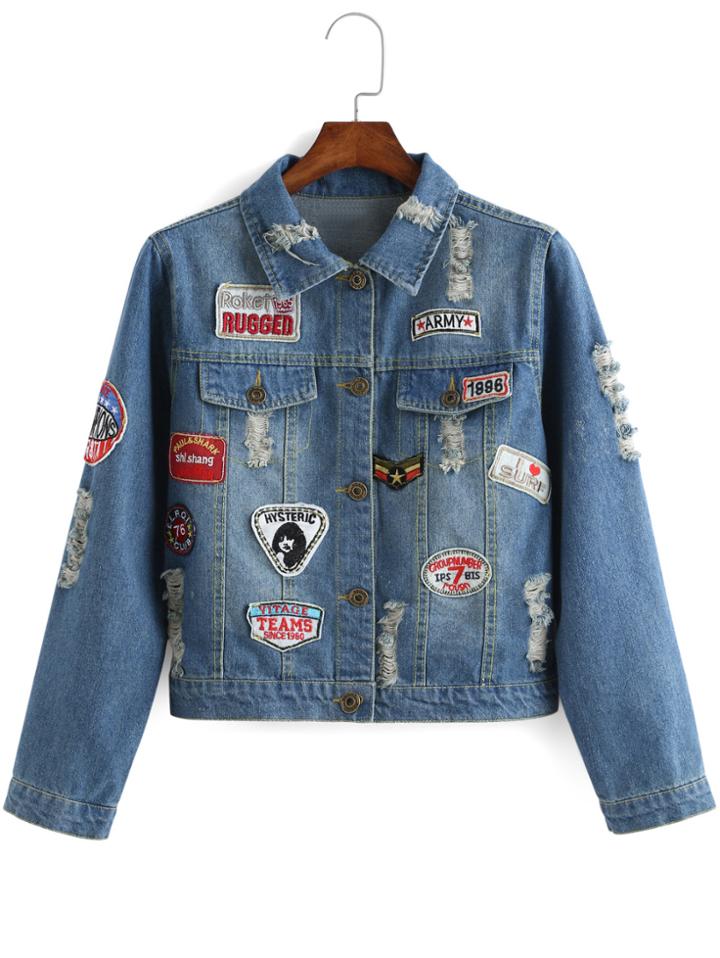 Romwe Lapel Ripped Patch Denim Pale Blue Coat